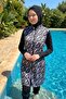 Abstract Patterned Fully Covered Hijab Swimsuit Black Adjustable Waist 3-Piece Water-Repellent Fabric