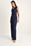 Navy Blue Double-Breasted Collar Draped Accessory Detail Blouse Elastic Waist Pants Wrinkle Suit 2334 60286191 - 2