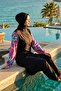 Floral Sleeves Lycra Full Covered Hijab Swimsuit Navy Blue Comfortable 3-Piece Set