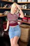 Burgundy Crew Neck Striped Women's T-Shirt Sh371 - 7