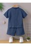 Boy's Indigo Blue 100% Cotton Muslin Fabric Collar Detailed T-Shirt-Shorts (Holiday, Special Occasion Bottom-Top Set) - 2
