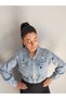 Women's Designer Denim Jacket with Colorful Stone and Chain Embellishments, Blue Cropped Fit Jeans Coat - 8