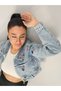 Women's Designer Denim Jacket with Colorful Stone and Chain Embellishments, Blue Cropped Fit Jeans Coat - 5