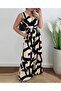 Women's Strappy Double-Breasted Collared Long Patterned Single Jersey Jumpsuit with Belt at the Waist