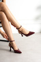 Juliette Women's Burgundy Patent Leather Pointed Toe Ankle Strap 7 cm Thin Heeled Slingback Shoes - 3