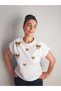Women's Design T-Shirt Leopard Bow Ribbon Print and Stone Embellishment Detail Large Size Low Sleeve White Blouse - 7
