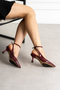 Juliette Women's Burgundy Patent Leather Pointed Toe Ankle Strap 7 cm Thin Heeled Slingback Shoes - 4