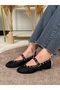 Zalvia Women's Black Lace Detailed Gold Buckle Round Toe Single Strap Ballerinas - 4