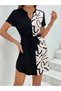 Women's Black Short Sleeve V-Neck Double Color Patterned Belted Atlas Dress - 4