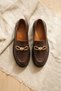 Brown Printed Genuine Leather Women's Loafer Shoes with Metal Bow Buckle Real Leather Moccasin Shoes - 4