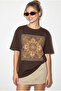Women's Brown Ethnic Patterned Bead Embroidered Print Detailed Oversize T-Shirt 2128 60286123