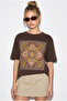 Women's Brown Ethnic Patterned Bead Embroidered Print Detailed Oversize T-Shirt 2128 60286123 - 3