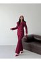 Women's Burgundy Blazer Trousers Set with Asymmetrical Collar and Gold Buttons - 6