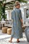 Italian Khaki Shirt Collar 3/4 Sleeve Shawl Patterned Buttoned Linen Look Long Woven Dress 132 70 - 6