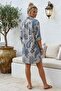 Italian Blue-Beige Shirt Collar 3/4 Sleeve Shawl Patterned Pocket Casual Linen Look Woven Dress 93 64 - 7