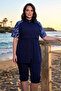 Plus Size Sport Lycra Short Sleeve Semi-Closed Swimsuit 3418 Dark Navy Blue - 3
