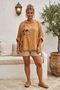 Italian Camel Pool Collar 3/4 Sleeve Washed Appliqué Casual 100% Linen Oversize Woven Blouse 80 74 - 5