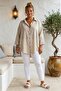 Beige Shirt Collar 3/4 Sleeve Buttoned Casual Linen Look Oversize Woven Shirt 75 72 - 5