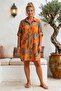 Italian Orange Shirt Collar 3/4 Sleeve Shawl Patterned Pocket Casual Linen Look Woven Dress 93 64 - 2