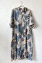 Italian Blue-Beige Shirt Collar 3/4 Sleeve Shawl Patterned Buttoned Linen Look Long Woven Dress 132 70 - 7