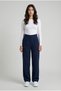 Navy Blue High Waist Lycra Palazzo Trousers with Pockets and Buttons, Wide Legs - 8