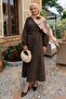 Buttoned Ribbed Belted Linen Brown Dress - 3