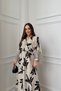 Black Patterned Double-Breasted Collar Long Dress with Slit Detail and Elastic Waist - 2