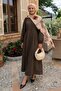Buttoned Ribbed Belted Linen Brown Dress - 5