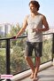 Men's Gray Crew Neck Buttonless 100% Cotton Athlete Pajama Set with Sportsman Sleeve Pockets and Shorts
