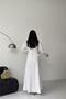 Women's White Shirt Collar Belt Detailed Polka Dot Full Length Design Dress Nbms2674