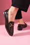 Arven Brown Wrinkled Patent Leather Loafer Ballet Flats with Gold Buckle - 3