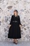 Black Belted Long Sleeve Crinkle Fabric Dress