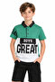 Boy's Green Color Polo Collar T-Shirt with Great Text Pattern and Button Closure