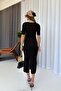 Square Neck Short Sleeve Slim Belted Pencil Dress - Black - 3
