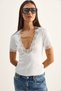 Women's White Deep V-Neck Lace Detailed Ribbed Blouse 1080 60286197