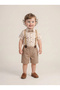 Baby Boy Digital Printed Patterned Shirt with Slopet Suspenders and Bow Tie Gift Set and 100% Cotton Denim Shorts - 2