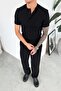 Black Premium Ribbed Buttoned Collar Relax Fit Short Sleeve T-Shirt - 2