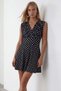 Black Polka Dot V-Neck Flared Dress with Corset Detail at the Waist Alc-X12153