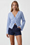 Women's Blue V-Neck Twisted Detailed Blouse Alc-X15416