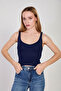 Women's V-Neck Thick Strap Crop Top - Dark Navy Blue