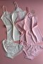 Lace |   Ecru and Pink Color Cotton Tank Top and Panties Set with String Straps - 2