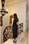 Women's Double Fabric Long Dress with Gold Accessory Detail - 2