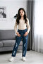 Girl's Dark Blue Ripped Detailed Mom Jean Denim Pants - Stonewashed Denim - 2