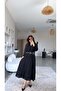 Black Lace Detailed Belted Chiffon Lined Long Dress - 3
