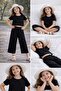 Hat, Fully Stoned Wrinkled Fabric Crop Top & Wide-Legged Trousers Girls' Set - 6