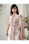 Beige Women's High Collar Floral Balloon Sleeve Belted Buttoned Long Dress