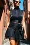 Glam Rock Parisian Shiny Textured High Waist Fringed Skirt Stand Collar Sleeveless Blouse Combination Moss Two-Piece Set - 4