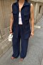 Women's Navy Blue Long Vest Pants Linen Textured Top and Bottom Set - 4