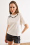 Women's White Scarf Chain Garnished Tok Cotton Blouse Blz-19003286 - 4