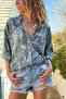 Italian Khaki Hakim Collar Floral Cotton Loose Woven Shirt 75 55